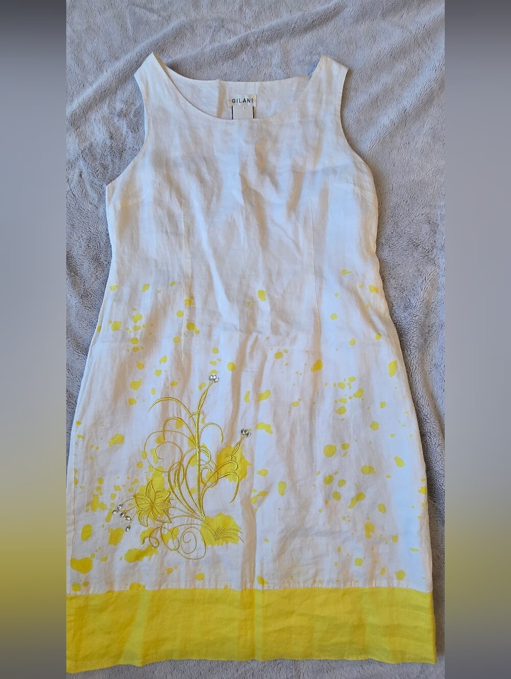 White Linen Casual Brunch Baby Bridal Shower Dress with Yellow Floral Accents